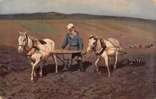 A931 Russland Kunst Leo Tolstoi auf Feld Pflügen Pferde von Ilja Repin Postkarte