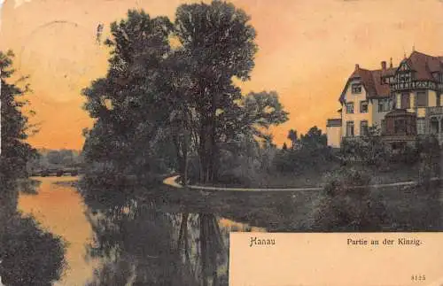 L264 Deutschland 1909 Hanau Partie an der Kinzig Fluss Baumhaus Vintage Postkarte