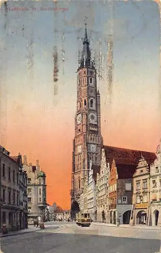 L340 Deutschland 1919 Landshut St Martins Kirche Straßenbahn Vintage Postkarte