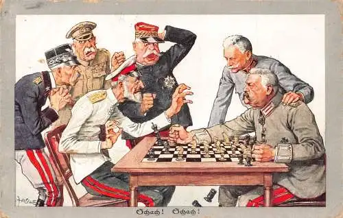 Propaganda Comic 1. Weltkrieg Militärführer Schachspiel 1915 Marinefeld Postkarte