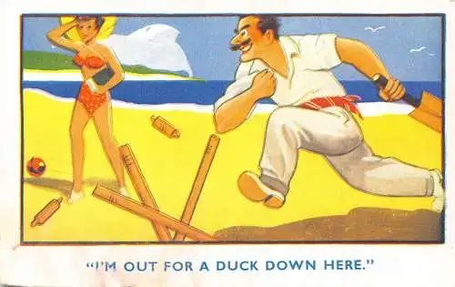 A911 Comic Humor Ich bin auf eine Ente hier unten Frau Mann Strand Postkarte