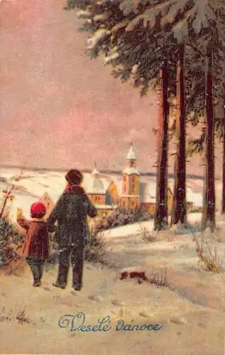 A909 Weihnachtsgrüße 1933 Tschechische Brüder Kirche Schneekiefern Postkarte