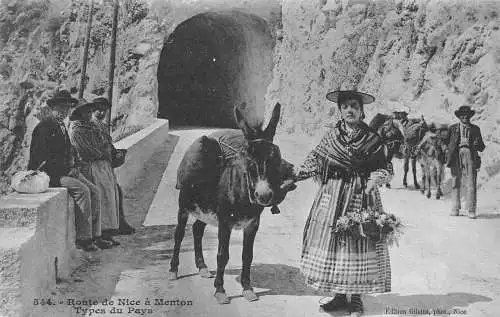 A912 Frankreich Route de Nice a Menton Types du Pays Frau Tunnel Esel Postkarte