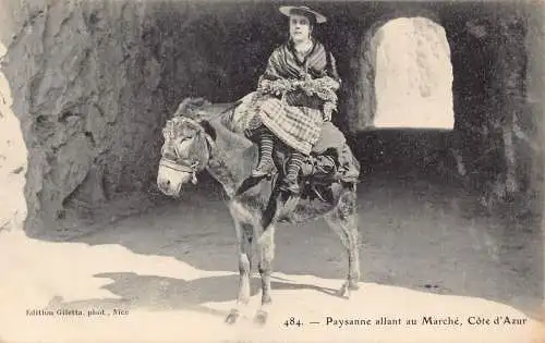 A912 Frankreich Paysanne allant au Marche Cote d'Azur Bauernreiten Esel Postkarte