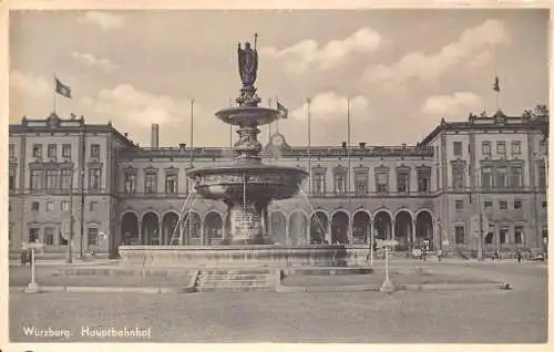 L344 Deutschland Würzburg Hauptbahnhof Brunnen Vintage Postkarte