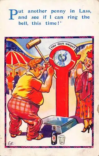 A909 Comic Humor Sehr dickes Paar Versuchen Sie Ihre Gewichtswaage Penny in Lass Postkarte