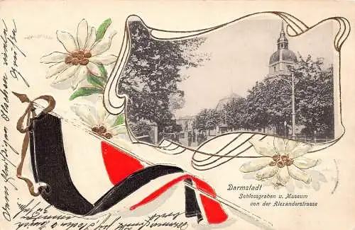 Deutschland Darmstadt 1904 Flagge Blumen Passepartout Jugendstil Prägepostkarte