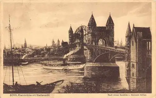 L011 Deutschland 1912 Bonn Rheinbrücke Stadtansicht Brückenturm Vintage Postkarte