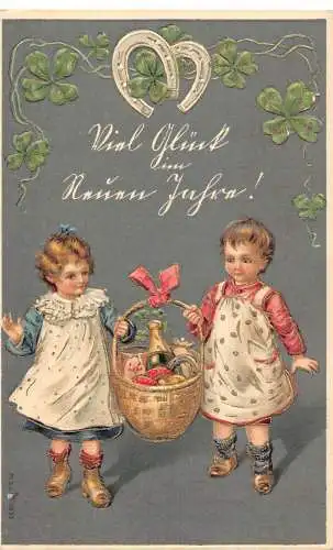 L180 Neujahrsgrüße 1906 Mädchen Schwein Champagner Pilz Kleeblatt Glück Postkarte