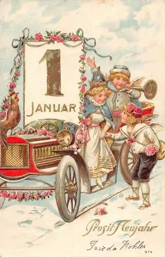 L180 Neujahrsgrüße 1909 Cherubs Automobil geprägt Oldtimer Postkarte