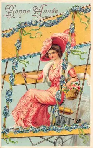 L180 Neujahrsgrüße 1911 Dame Blumen Flugzeug Prägepostkarte