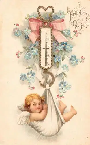 L180 Neujahrsgrüße 1907 Cherubblumen Glück wiegend Prägepostkarte