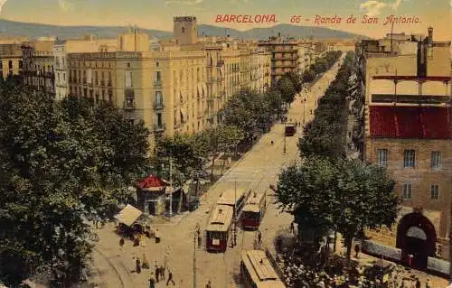 L176 Spanien Barcelona Ronda de San Antonio Straßenbahnen Vintage Postkarte
