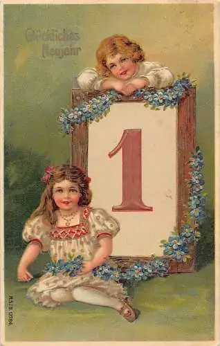 L180 Neujahrsgrüße 1908 Kinder Blumen Glück Prägepostkarte