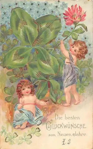 L180 Neujahrsgrüße 1903 Feen Kleeblatt Blume Glück Prägepostkarte