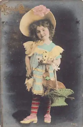 A095 Ostergrüße 1908 Kleines Mädchen Gänseblümchen Blumenstrauß Hase im Korb Postkarte