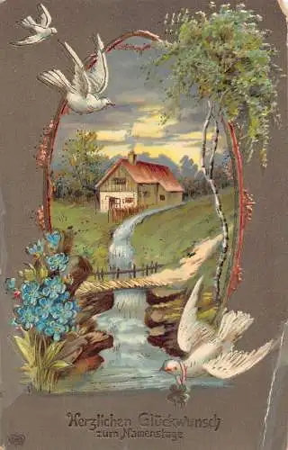 A095 Namenstag Grüße 1911 Cottage Taube fürsorgliches Kleeblatt Vergissmeinnicht Postkarte