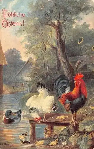 A095 Ostergrüße 1906 Hahn Huhn Enten Künstlerkarte signiert Postkarte