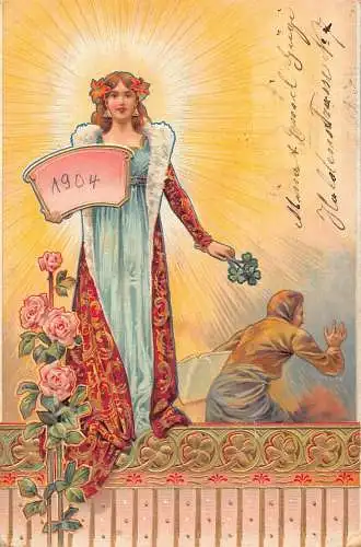 L189 Neujahrsgrüße 1903 Neujahr vs altes Jahr humanisierte geprägte Postkarte