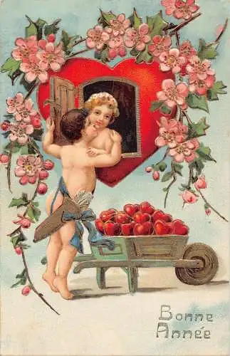 L220 Valentinstag Grüße 1911 Cherubs Blumenwagen Herzen geprägte Postkarte