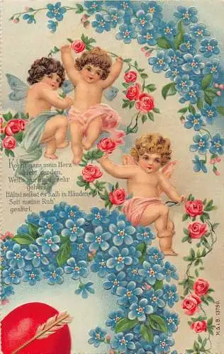 L220 Valentinstag Grüße 1907 Cherubs Blumen Herz Rose geprägt Postkarte