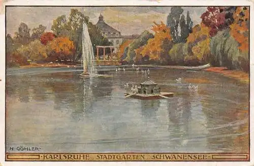 L196 Deutschland 1921 Karlsruher Stadtgarten Schwanensee Schwanenbrunnen Postkarte