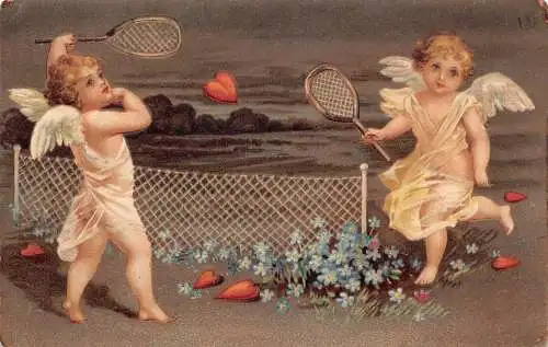L220 Valentinstag Grüße Cherubs spielen Tennis geprägte Postkarte