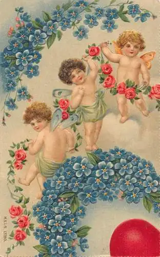 L220 Valentinstag Grüße 1908 Cherubs Blumen Herz Rose geprägt Postkarte