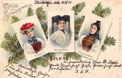 A093 Gruss vom Schwarzwald 1903 Tannenzweige Mädchen in Tracht Postkarte