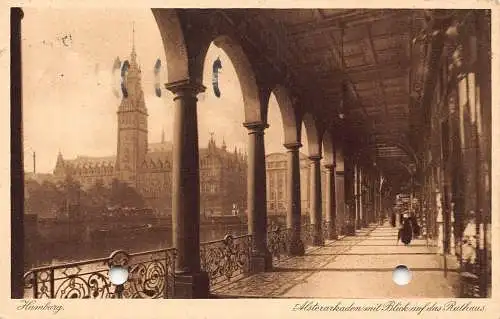 L012 Deutschland 1929 Hamburg Alsterarkaden Blick auf das Rathaus Vintage Postkarte
