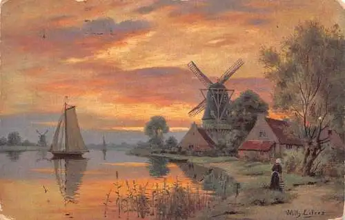 A092 Gemälde 1915 Feldpost 1. Weltkrieg signiert Wilh Eilers Sonnenuntergang Boot Windmühle Postkarte