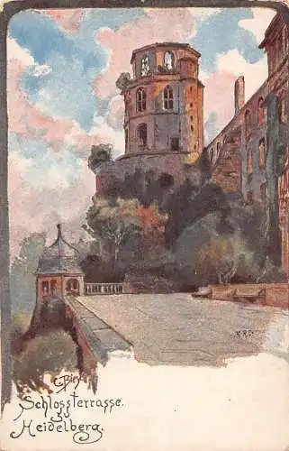 L014 Deutschland Schlossterrasse Schloss Heidelberg C Biese Litho Vintage Postkarte