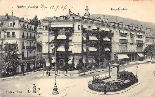 L011 Deutschland 1907 Baden-Baden Leopoldplatz Statue Vintage Postkarte