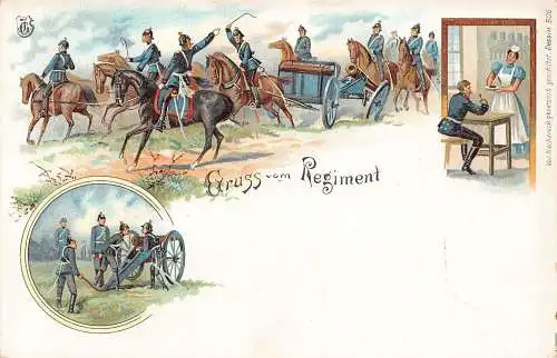 L026 Deutschland Gruss vom Regiment Artillerie Soldaten Militär Litho Postkarte