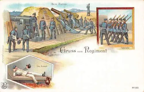 L026 Deutschland Gruss vom Regiment Artillerie Soldaten Militär Litho Postkarte