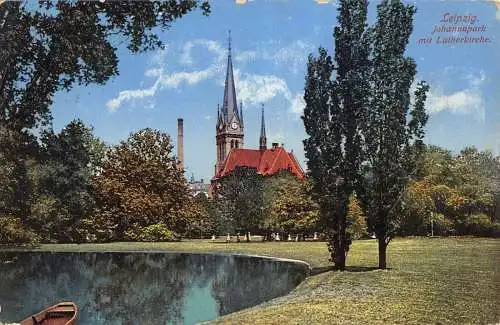 L012 Deutschland 1911 Leipzig Johannapark mit Lutherkirche Kirche Vintage Postkarte
