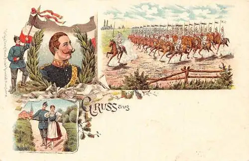 L026 Deutschland Gruss aus Kavallerie Kaiser Wilhelm Militär Litho Postkarte