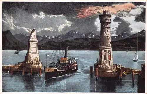 L346 Deutschland Lindau i B Hafen Dampfschiff Leuchtturm Mondschein Vintage Postkarte