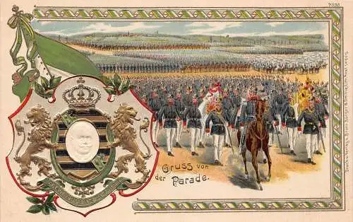 L026 Deutschland Gruss von der Parade Wappen geprägt Militär Litho Postkarte
