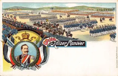 L026 Deutschland Gruss vom Kaiser Manover Kaiser Wilhelm Militär Litho Postkarte
