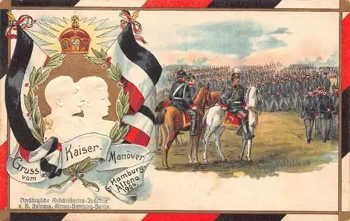 L026 Deutschland Gruss vom Kaiser Manover Hamburg Altona Militär Litho Postkarte