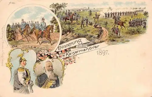 L026 Deutschland Erinnerung an das Kaiser Manover 1897 Militär Litho Postkarte