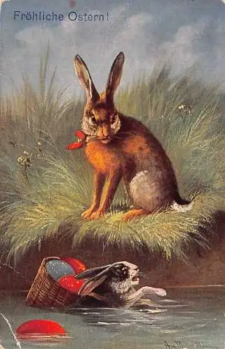 L407 Ostergrüße 1907 Humanisierte Hasen Eier Vintage Postkarte