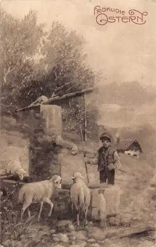 L351 Ostergrüße 1913 Junge Lämmer Brunnen Vintage Postkarte