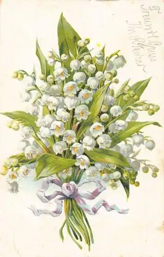L351 Maiglöckchen Blumenstrauß 1906 Band Litho geprägte Postkarte