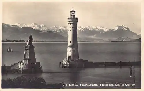 L346 Deutschland Lindau Hafenausfahrt Scesaplana Drei Schwestern Leuchtturm Postkarte