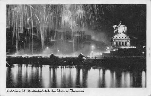 L188 Deutschland Koblenz am Rhein Deutsche Eck Brücke Feuerwerk Lichter Postkarte