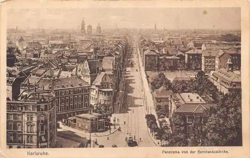 L196 Deutschland Karlsruhe Panorama von der Bernarduskirche Straßenbahn Vintage Postkarte