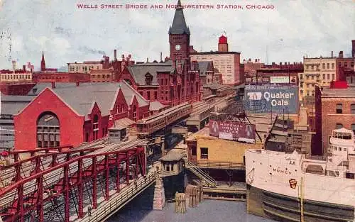 A916 US 1911 Wells Street Bridge and Railway Station Train Quaker Oats Postkarte