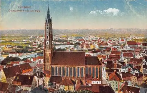 L342 Deutschland Landshut Gesamtansicht vom Schloss, Kirche Vintage Postkarte